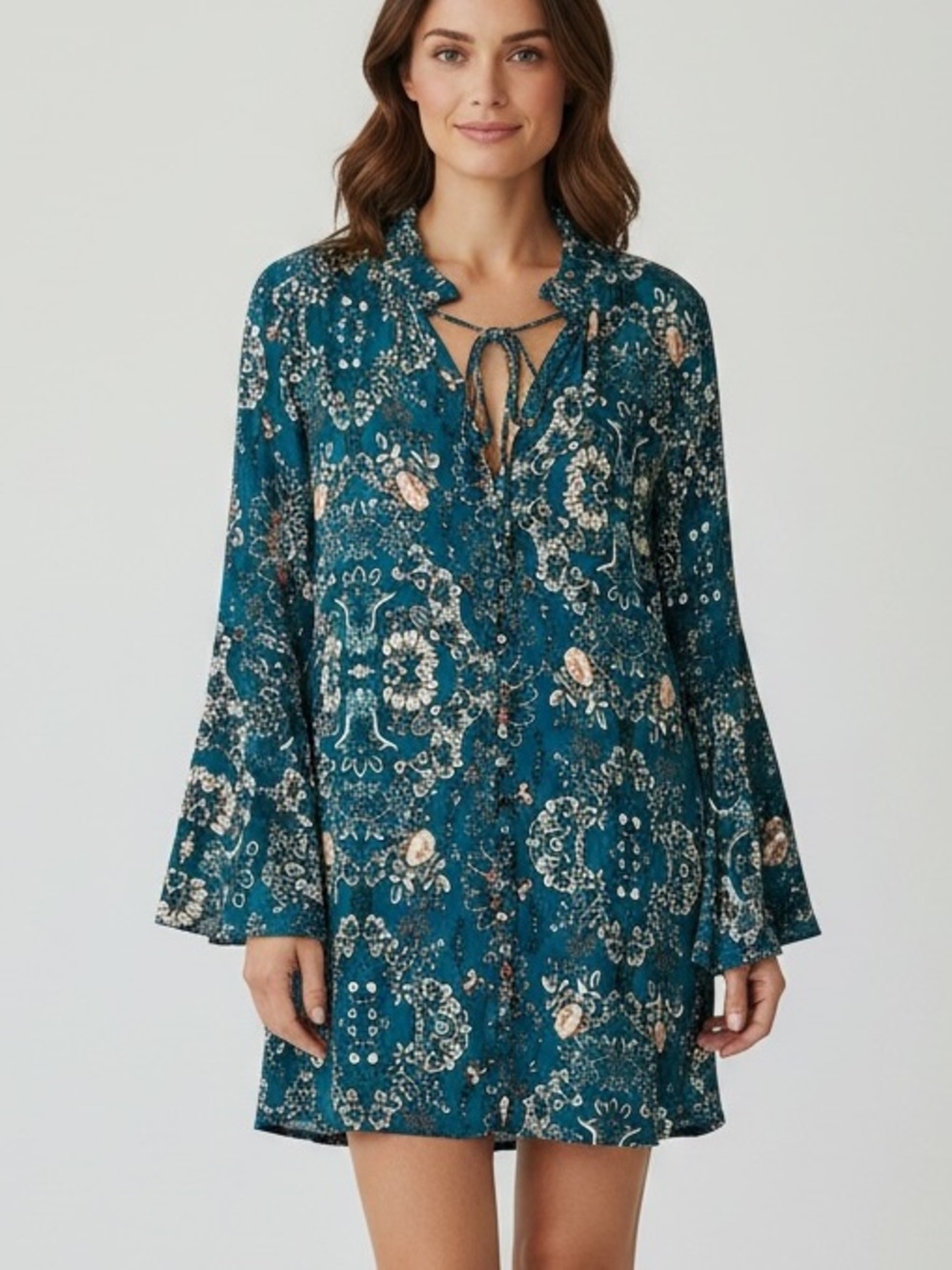 VTg Anthropologie Y2K Teal Floral Boho Dress Entire Name Bell Slv Women’s Medium